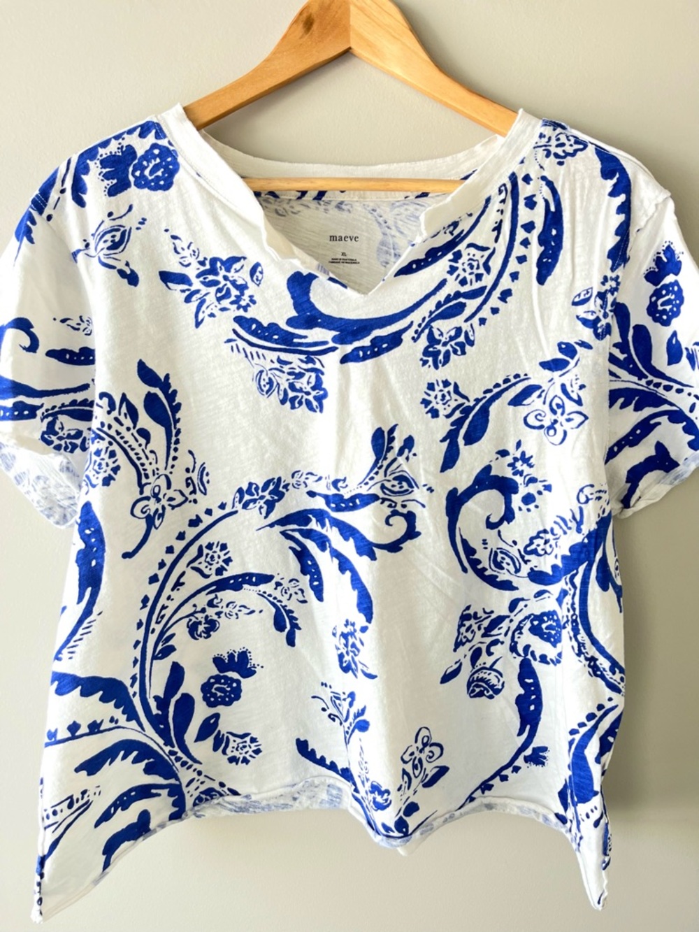 Maeve White & Blue Floral Short Sleeve Top Size XL 100% Cotton - Summer Casual - Picture 3 of 7